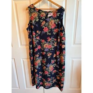 1990s R&K Original Woman Navy Blue Floral Sleeveless Midi Sheath Dress Plus Size